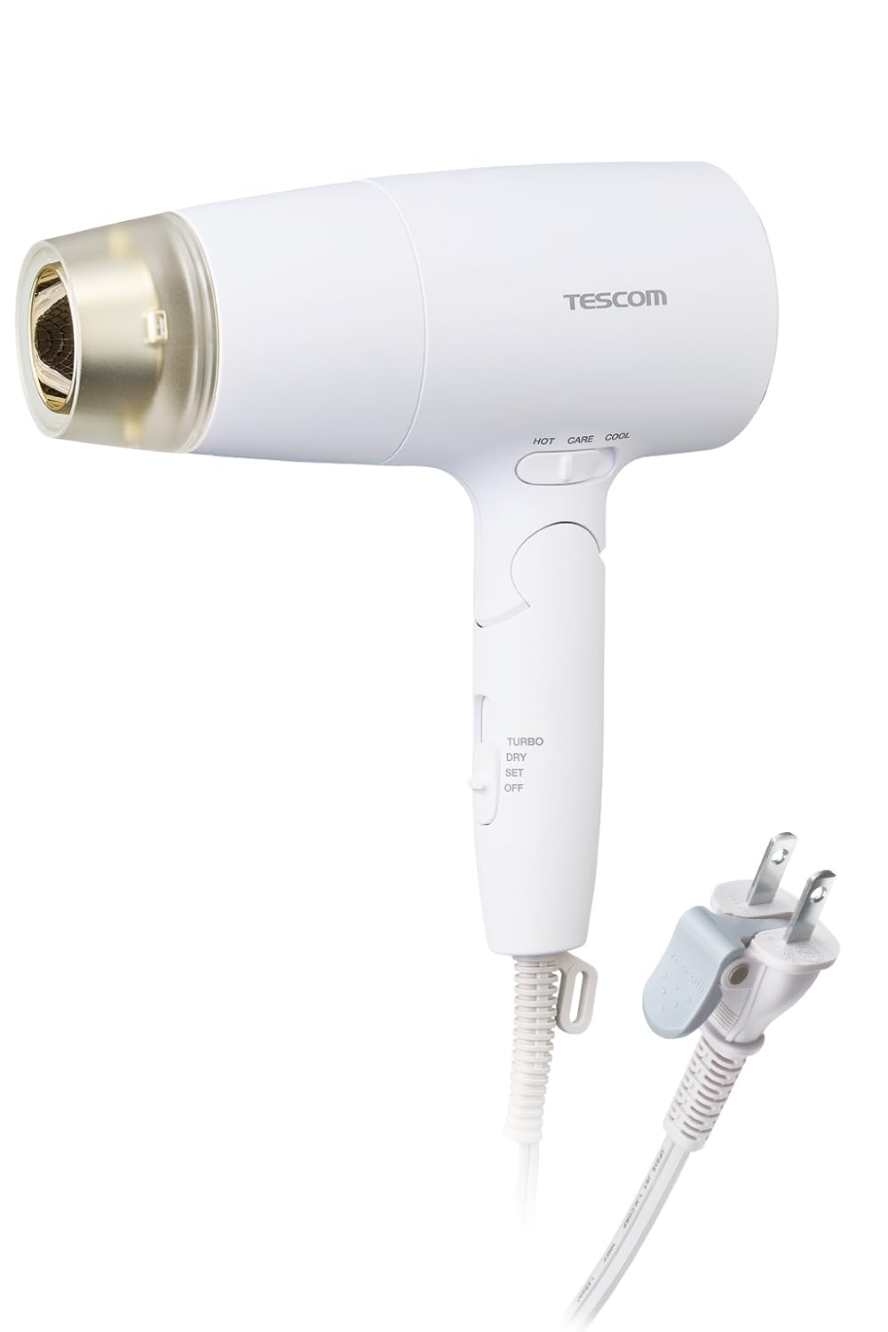 TESCOM Hair dryer with protect ion care mode, speed up hood included, cold and hot air, large air volume, lightweight, foldable, easy pull plug, white TD560A-W
