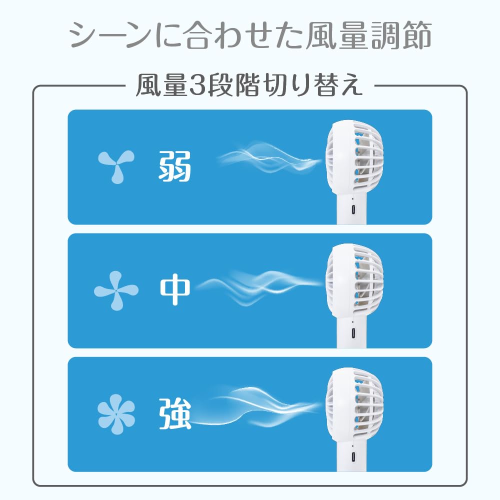 그린 하우스 핸디 팬 강풍 조용한 3 단계 풍량 조정 USB 충전 Type-C W 팬 2024 년 모델 그레이 GH-FANHHS-GY