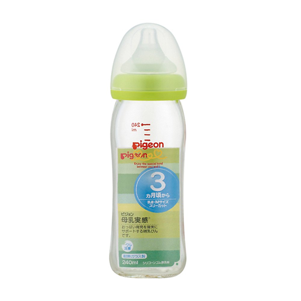 【내열 유리제 240ml】 비둘기 모유 실감 포유병 (부속의 젖꼭지는 3개월경부터) 라이트 그린 3개월~ 00353