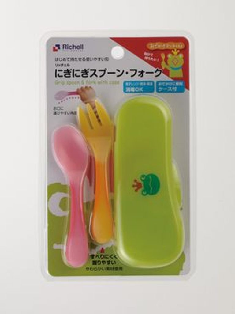 Richel Odekake Lunch-kun Nigi Nigi Spoon/Fork (with case) Pink & Yellow Perfect for first timers