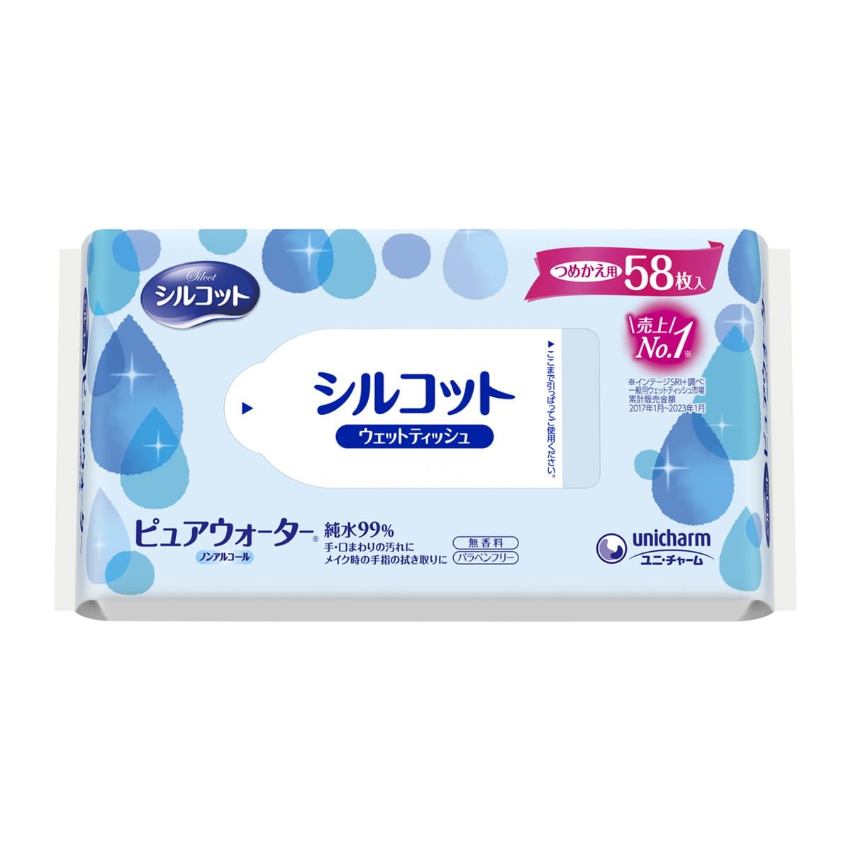 Unicharm Silcot 纯净水湿纸巾补充装 58 片