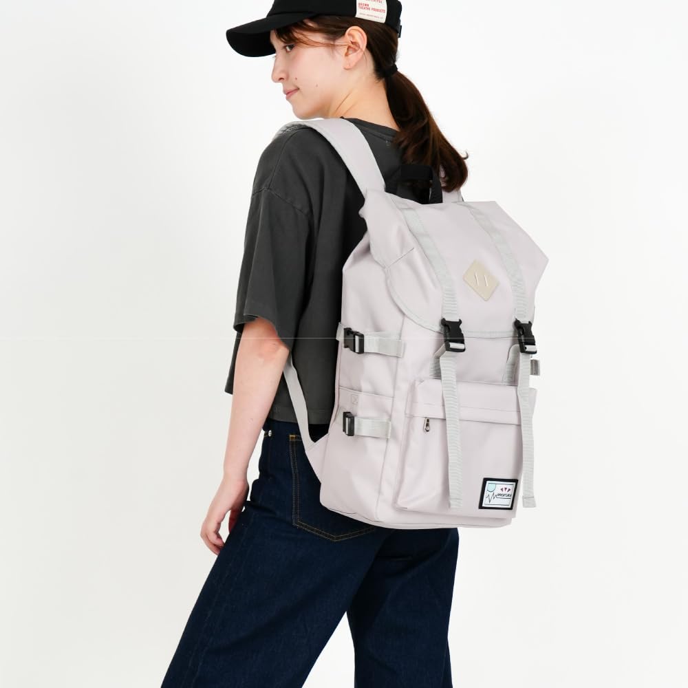 [Aventura] Rucksack Flap Backpack Water Repellent Nylon Large Capacity A4 Drawstring Logo Many of Pockets 20L Logo Back Zipper Greige 1526