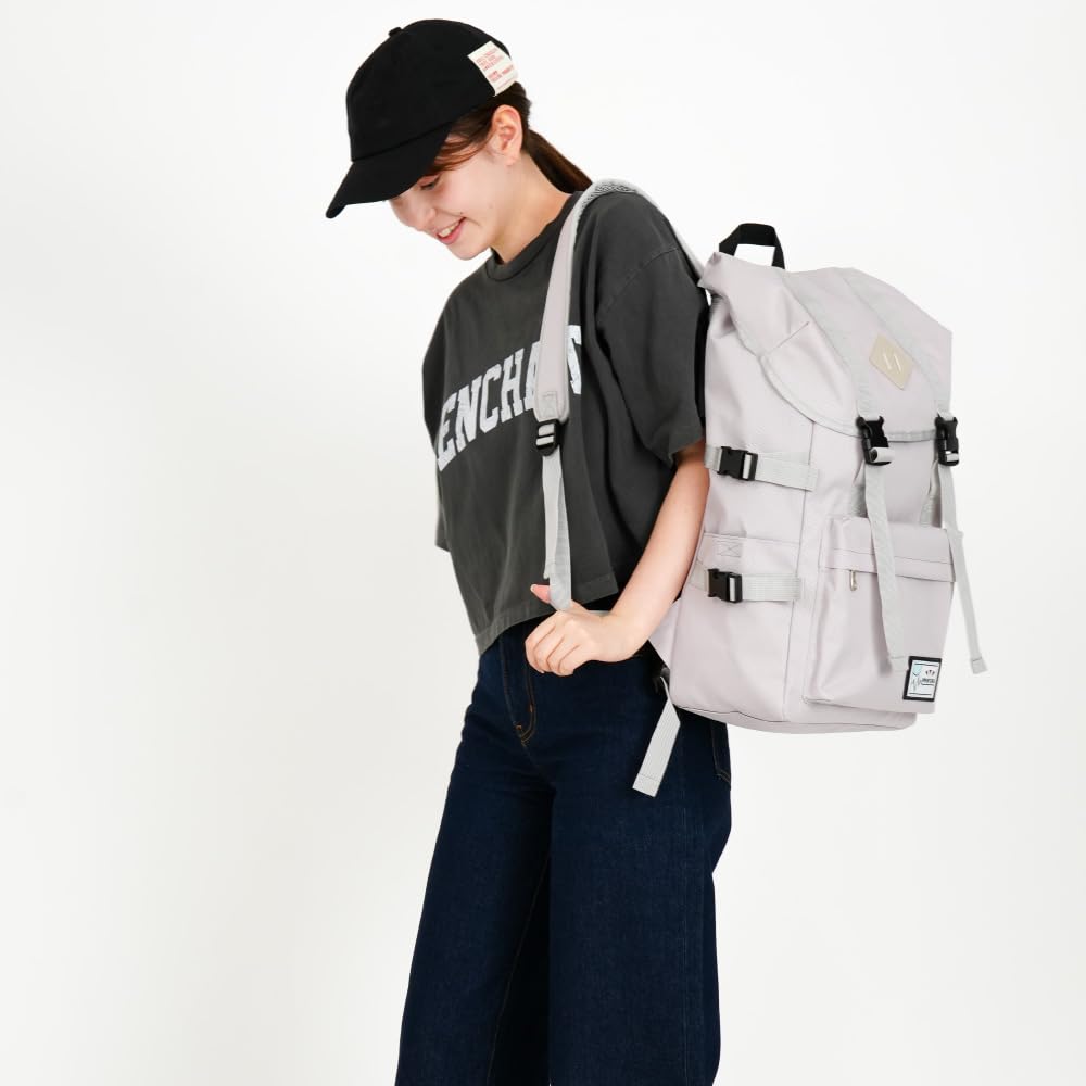 [Aventura] Rucksack Flap Backpack Water Repellent Nylon Large Capacity A4 Drawstring Logo Many of Pockets 20L Logo Back Zipper Greige 1526