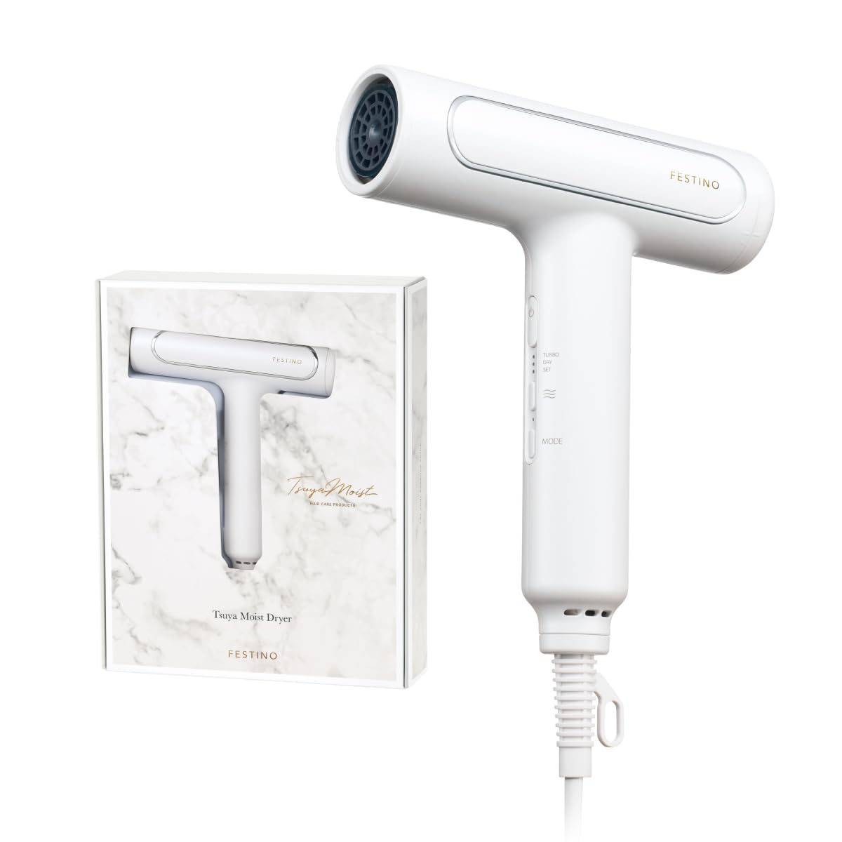 FESTINO Glossy Moist Dryer (SMHB-029) Large Air Volume, Lightweight, Compact, Fast Drying, 4 Modes, Skin Care, Negative Ion Far Infrared Ray Included (White)