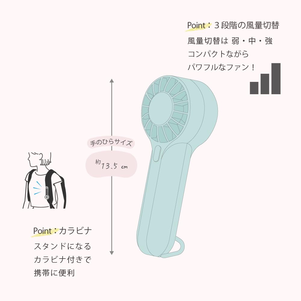 【초소형/카라비나 첨부】 핸디팬 휴대 선풍기 탁상 선풍기 손바닥 사이즈
