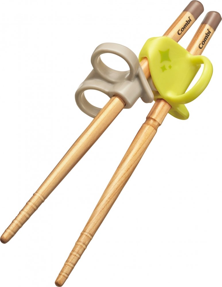 COMBI baby chopsticks, first chopsticks, wooden chopsticks, right hand, lime (yellow), suitable for children from around 2 years old