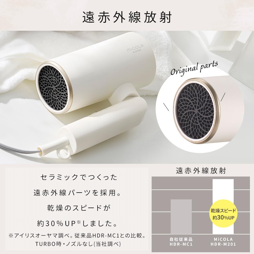 Iris Ohyama MiCOLA Hair Dryer Equipped with Far Infrared Rays, Quick Drying, Large Air Volume, Ion Dryer with Attachment HDR-M201-T Mocha