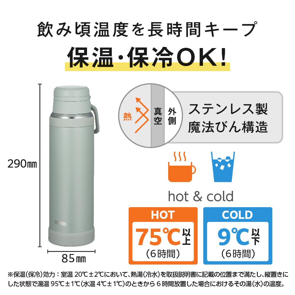 [With handle, thermal insulation, dishwasher safe] Thermos Water Bottle Vacuum Insulated Mobile Mug 1L Ash Green Convenient carrying loop Fluid tech construction for smooth drinking JOY-1000 ASG