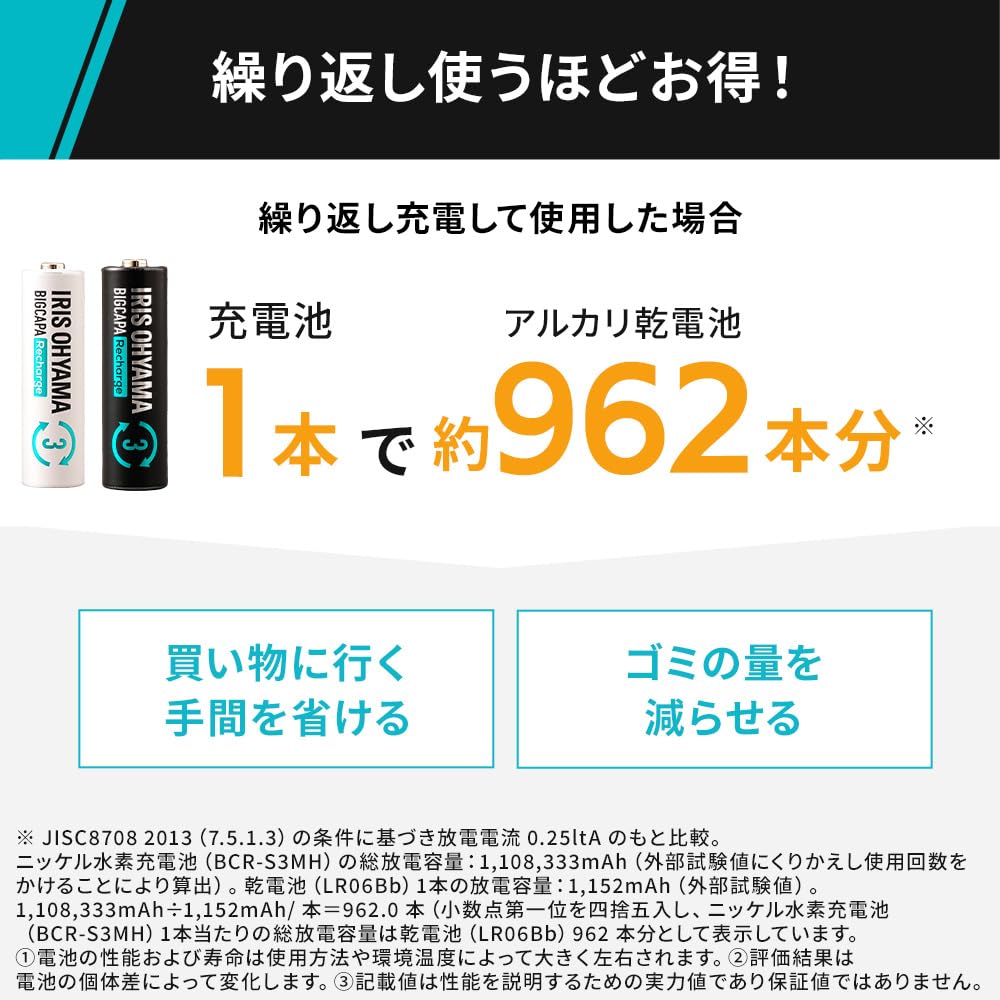 Iris Ohyama Dry Battery Rechargeable Battery AAA NiMH Batteries 4 Pack Long Usable BIG CAPA Recharge BCR-S4MH/4B Black