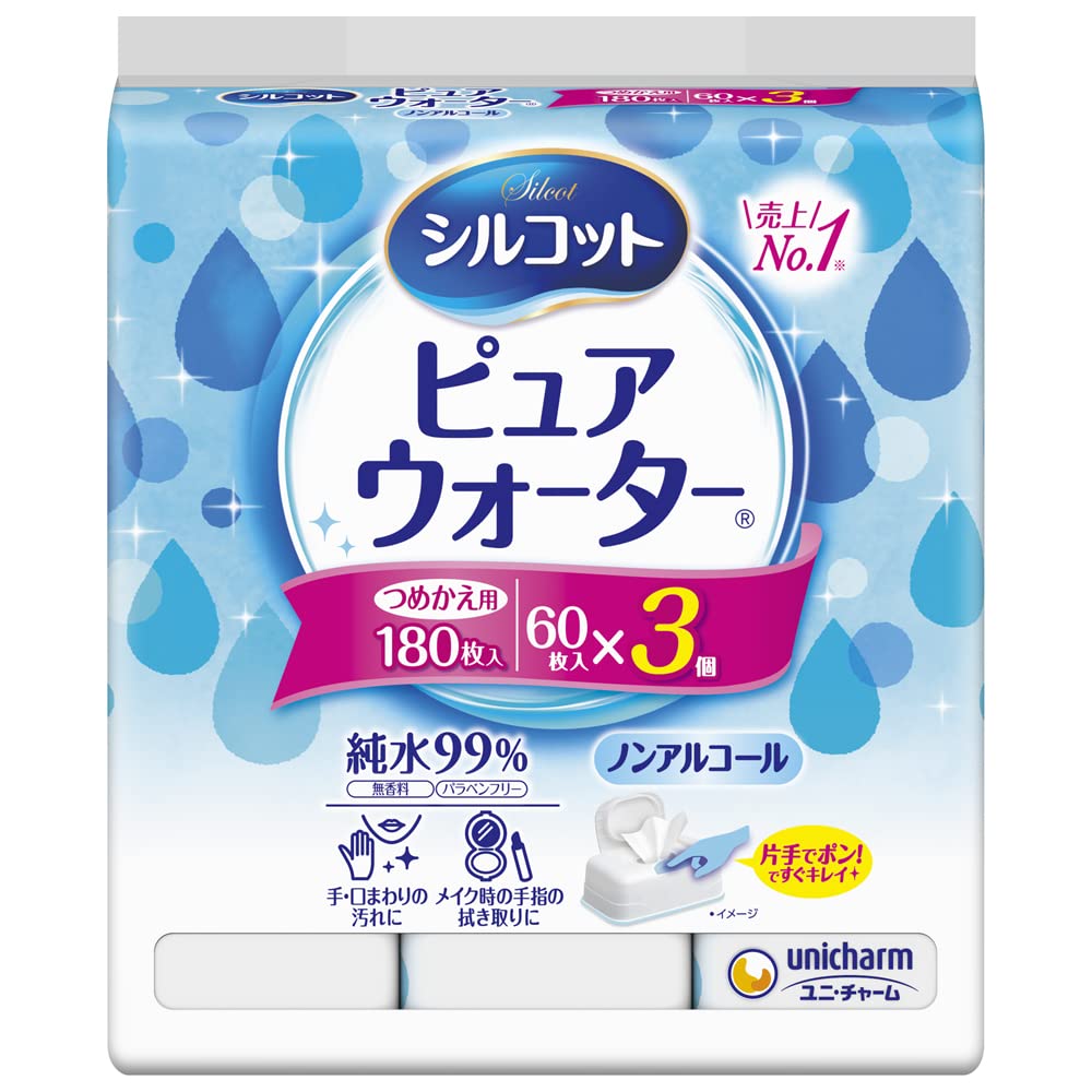 Silcot Wet Tissue Non-Alcohol Pure Water 99% Pure Water Refill 60 Sheets x 3 Packs (180 Sheets)