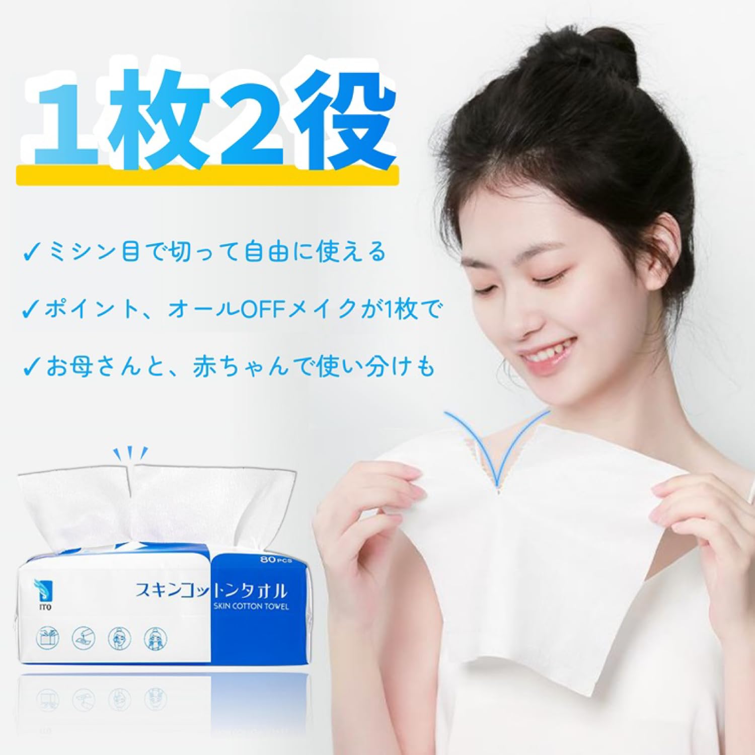 ITO 스킨 코튼 타월 1:2 재봉틀 눈으로 소분 80장/개