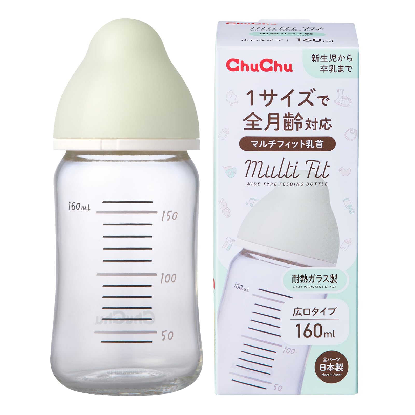 ChuChu(츄츄) 멀티 피트 광구 타입 내열 유리제 포유병 160mL 젖꼭지 일본제 신생아 졸유 전월령