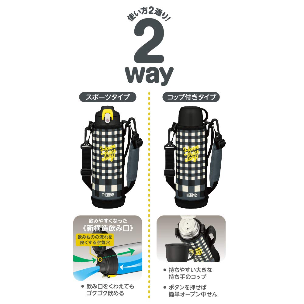 Thermos Water Bottle Vacuum Insulated 2-Way Bottle 1.0L/1.03L Black Check FJJ-1000WF BKC
