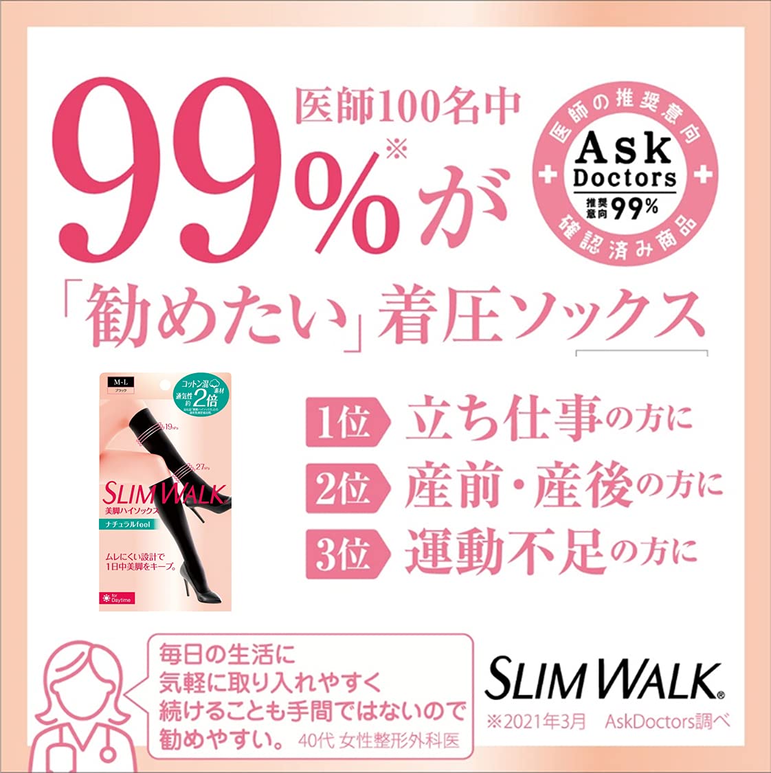 Slim Walk Compression Socks Beautiful Legs High Socks Natural Feel Black M-L Compression Socks AskDoctors Deodorant Fiber Breathable