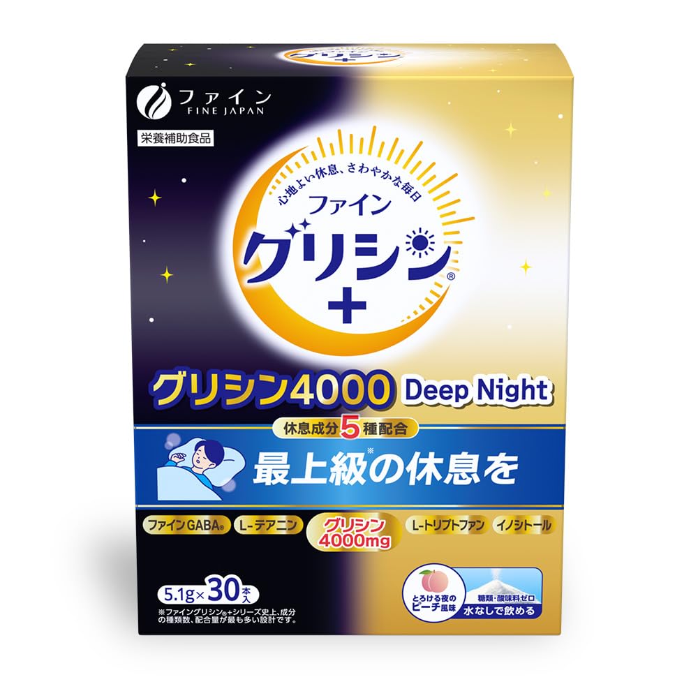 【최상급의 휴식을】파인(FINE JAPAN) 파인글리신 슈퍼글리신 4000 Deep Night L-테아닌 GABA 이노시톨 트립토판 피치 풍미 국내 생산 분말 타입 통판 전매 사양 30개들이