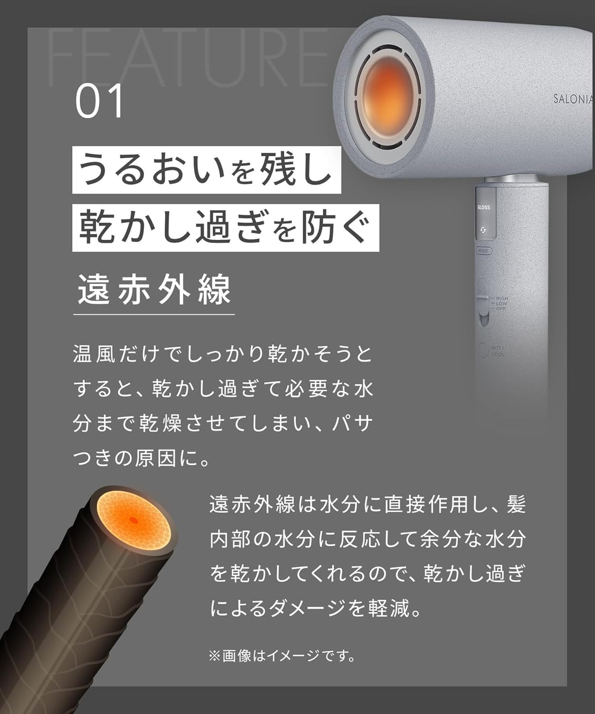 SALONIA Air Treatment Dryer Large Air Volume Quick Drying Lightweight Hair Dryer SAL24211GR Stone Gray