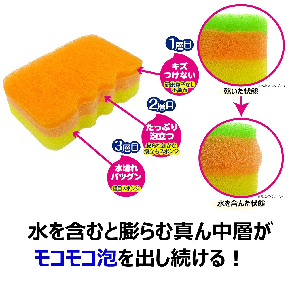 Kikron Kitchen Sponge, Made in Japan, Holds Foam, Saves Detergent, Does Not Scratch, Produces Foam, Orange & Green, 4 Pieces, Green Orange
