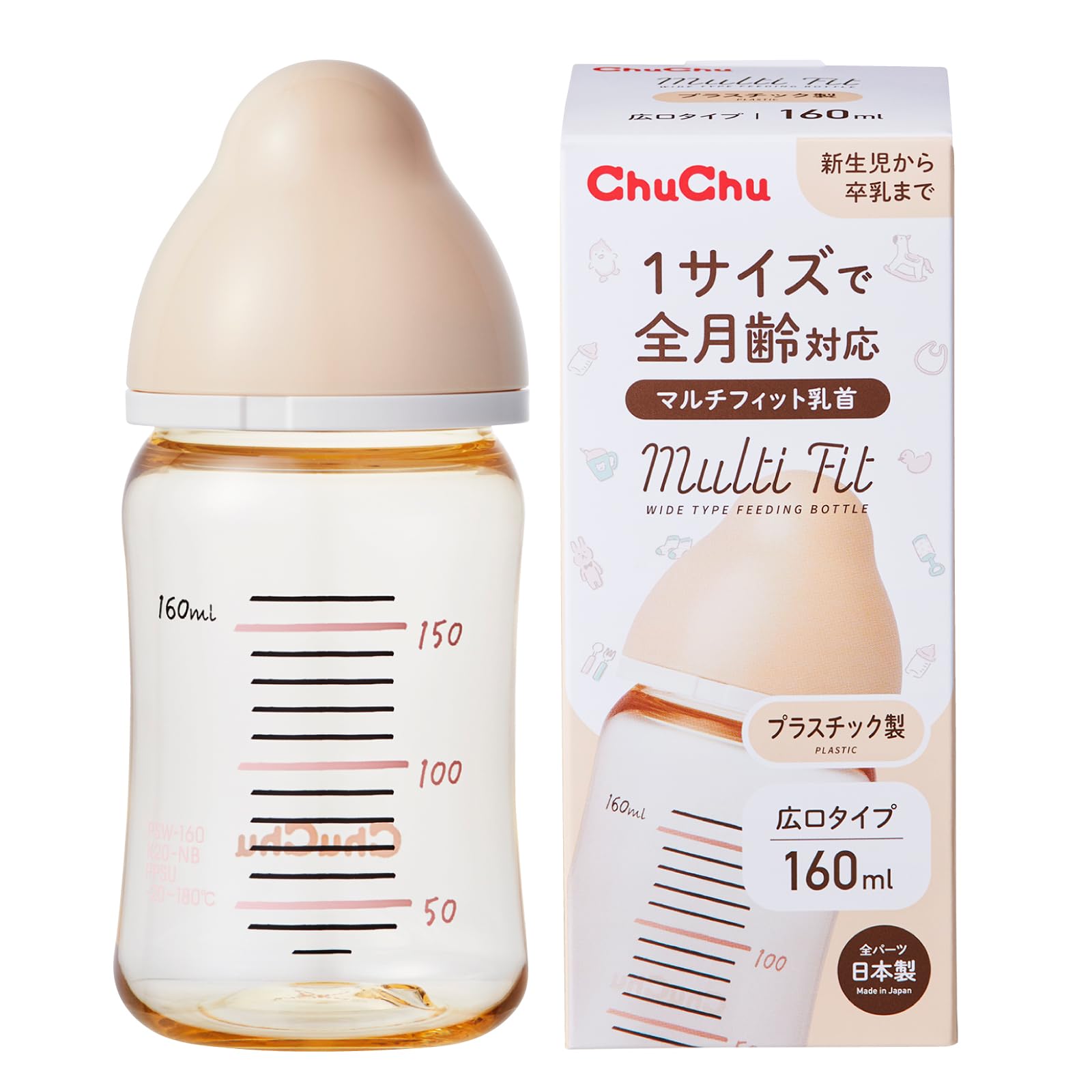 ChuChu(츄츄) 멀티 피트 광구 타입 플라스틱제 포유병 160mL 젖꼭지 일본제 신생아 졸유 전월령