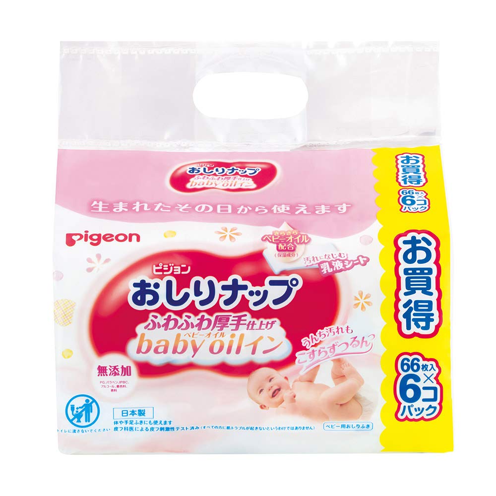 [Refillable baby wipes] Pigeon butt wipes, fluffy and thick finish, baby oil in, 66 sheets x 6 packs