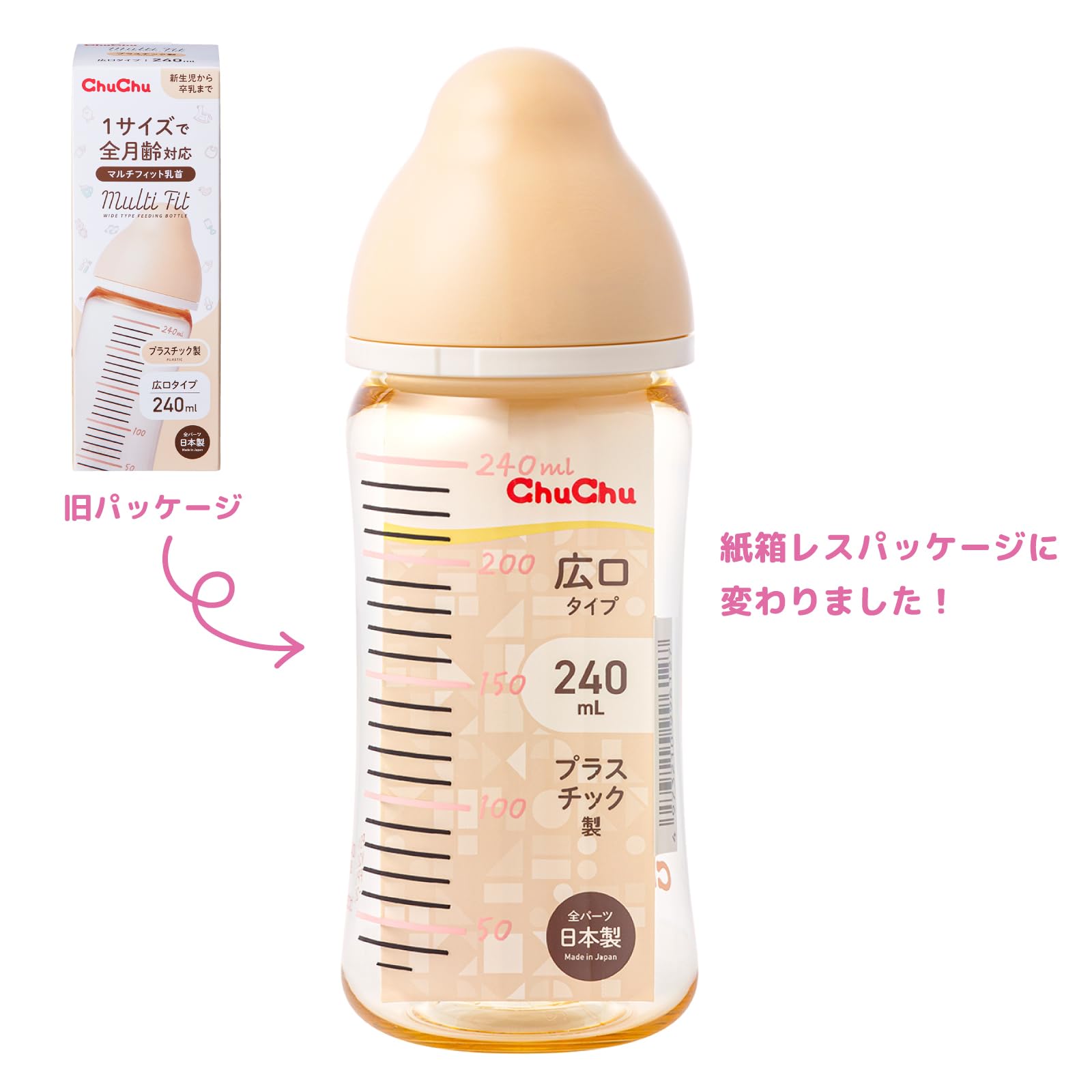 ChuChu Multi-Fit Wide Mouth Plastic Baby Bottle 240mL Nipple Made in Japan Newborn Weaning All Ages