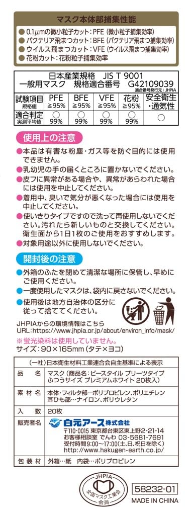 B 款褶皺型常規尺寸優質白色 20 片女用口罩