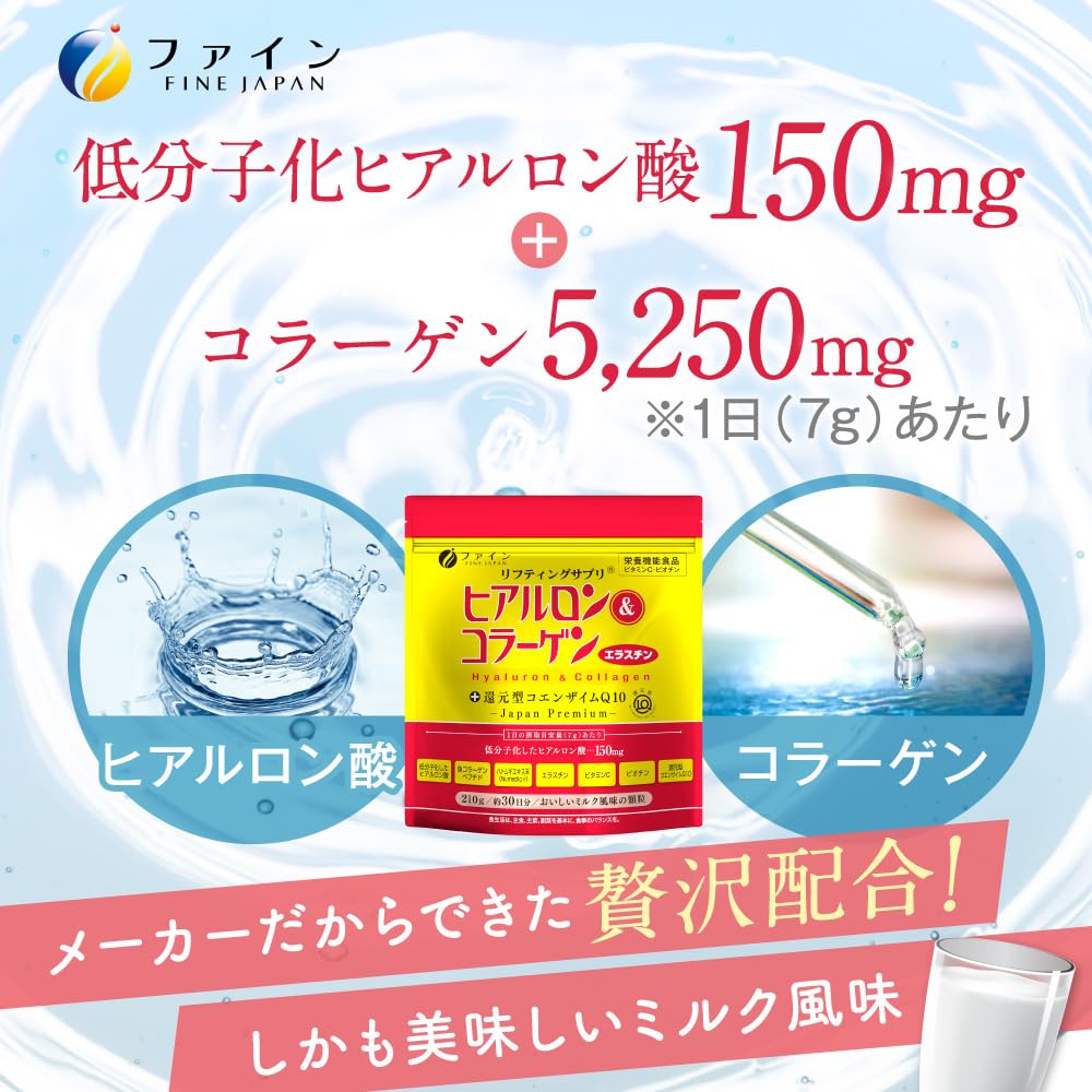 Fine Hyaluronic & Collagen + Reduced Coenzyme Q10 Bag Type, 30 Days Supply (210g) Contains Coix Barley Extract, Elastin, and Vitamin C