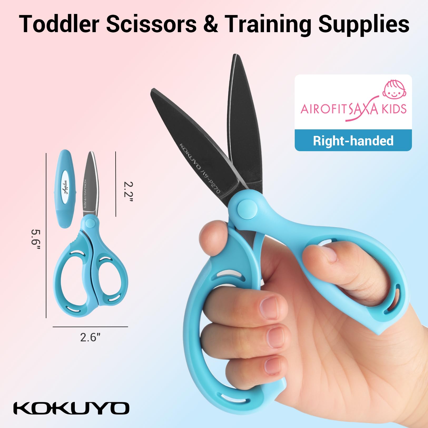 KOKUYO Scissors for Children Right Hand Aero Fit Sakusa Glueless Blade Blue Hasa-P270B