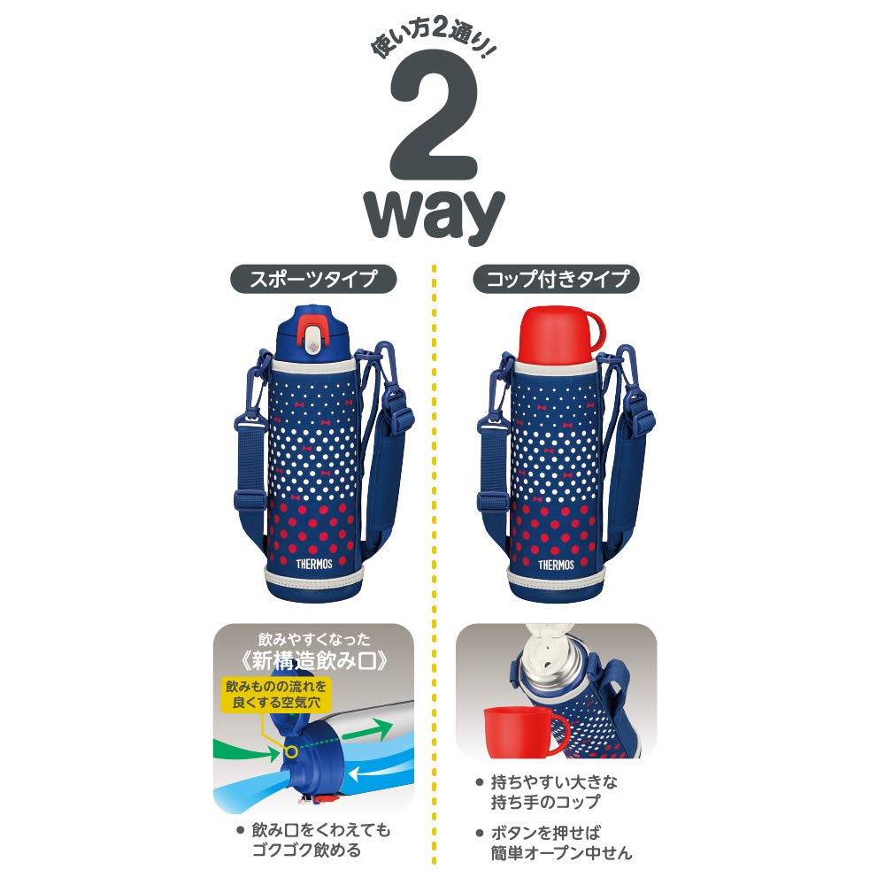 Thermos Water Bottle Vacuum Insulated 2-Way Bottle 1.0L/1.03L Navy Dot FJJ-1000WF NVD
