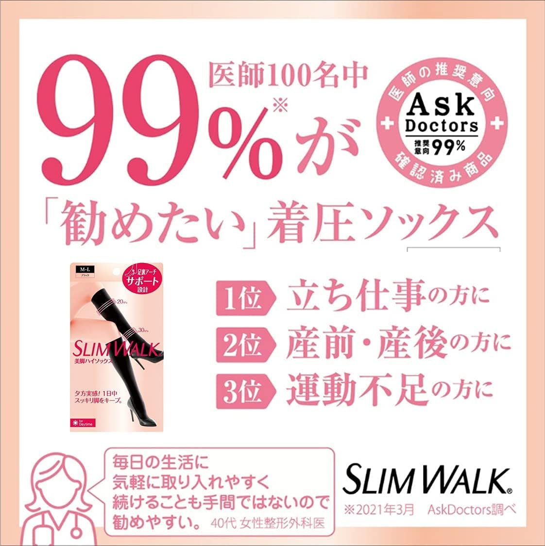 Slim Walk Compression Socks Beautiful Legs High Socks M-L Black AskDoctors Calf Sole Arch Support
