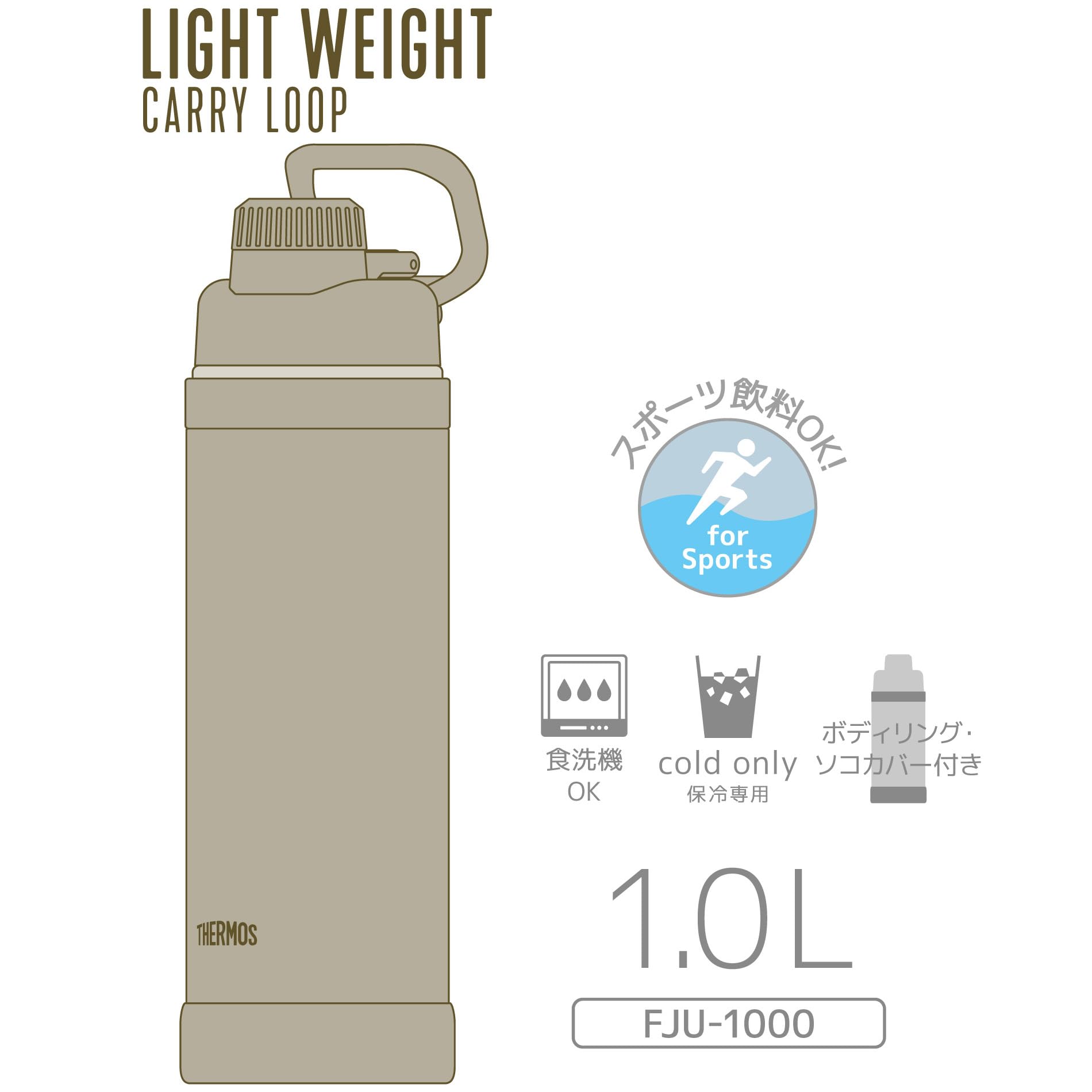 [With handle/dishwasher safe] Thermos water bottle, vacuum insulated sports bottle, 1L, sandwich, convenient carry loop, direct drinking, removable spout for easy cleaning, cold storage only FJU-1000 SND