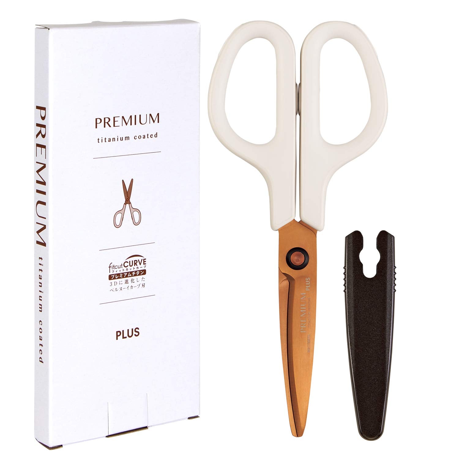 Plus scissors Dirt and rust resistant Fit cut curve Premium titanium Non-stick 30 degrees Continuous sharpness Paper box packaging Ivory 35-720