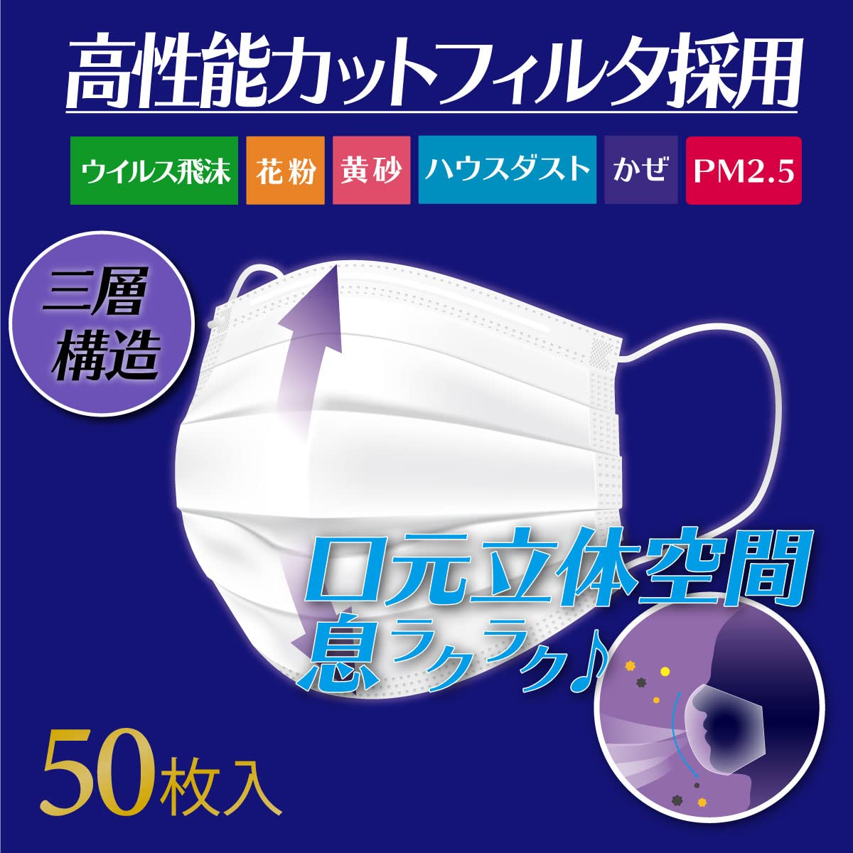 II Mono Honpo (II Mono Honpo) 3-layer structure dome-shaped mask with mouth space, loose type for women, 50 pieces