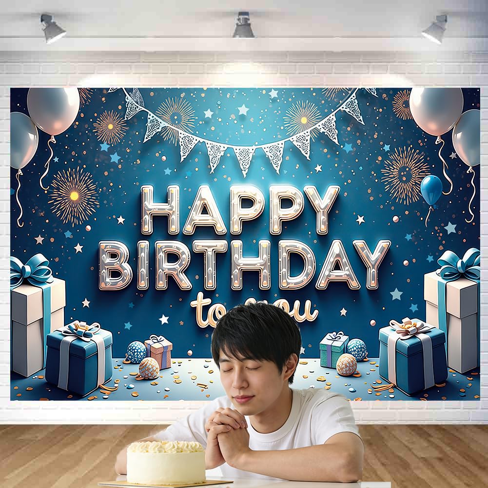 3D 블루 & 화이트 생일 태피스트리 입체 블루 & 화이트 장식 태피스트리 세련된 벽걸이 사진 배경 Happy Birthday 파티 포토 포스터 촬영 배경막 180x120cm