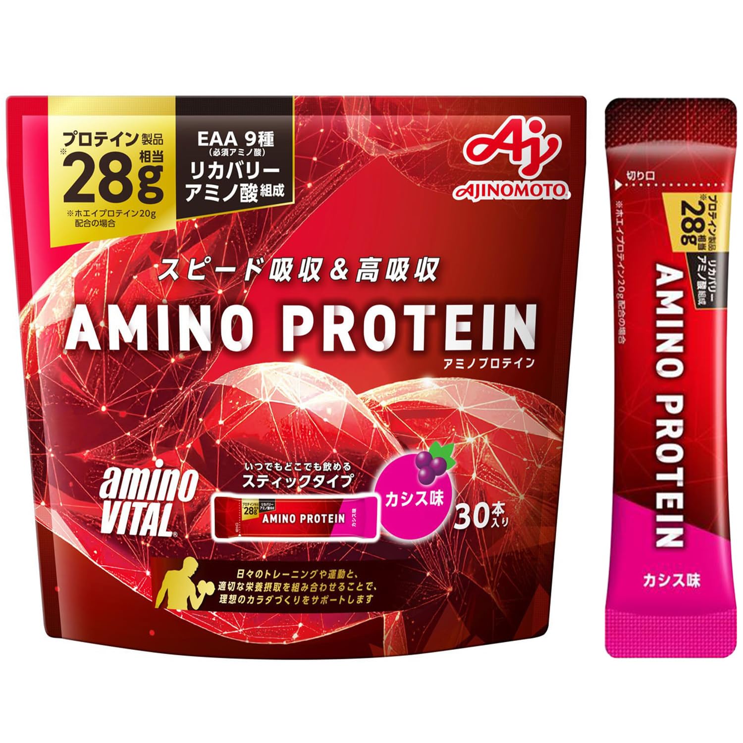 Amino Vital Ajinomoto Amino Protein Cassis Flavor 30 Piece Pouch Amino Acid BCAA EAA Whey Protein No Shaker Required No Measuring Required Portability