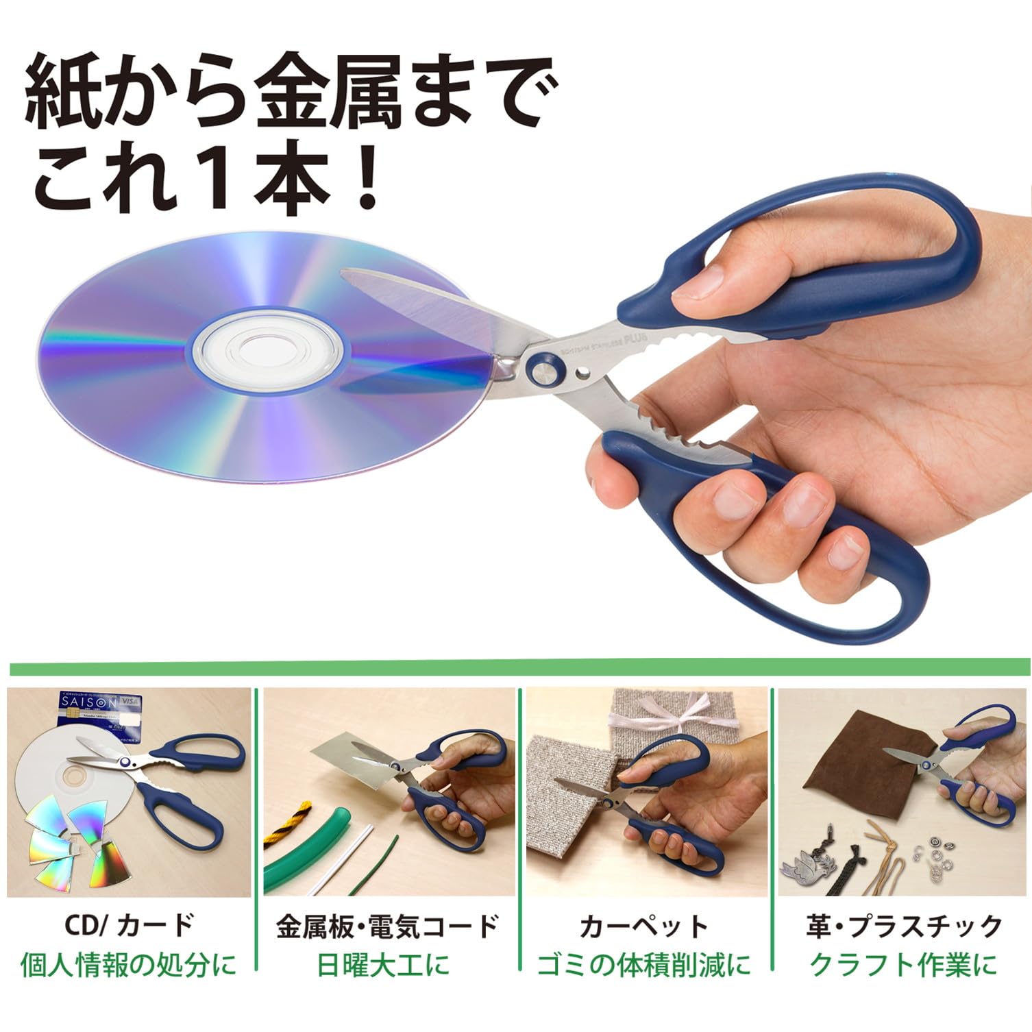 Plus Scissors, Fit Cut Curve, All-Purpose Scissors, Navy, Can Cut Paper and Metal SC-175PM 34-631