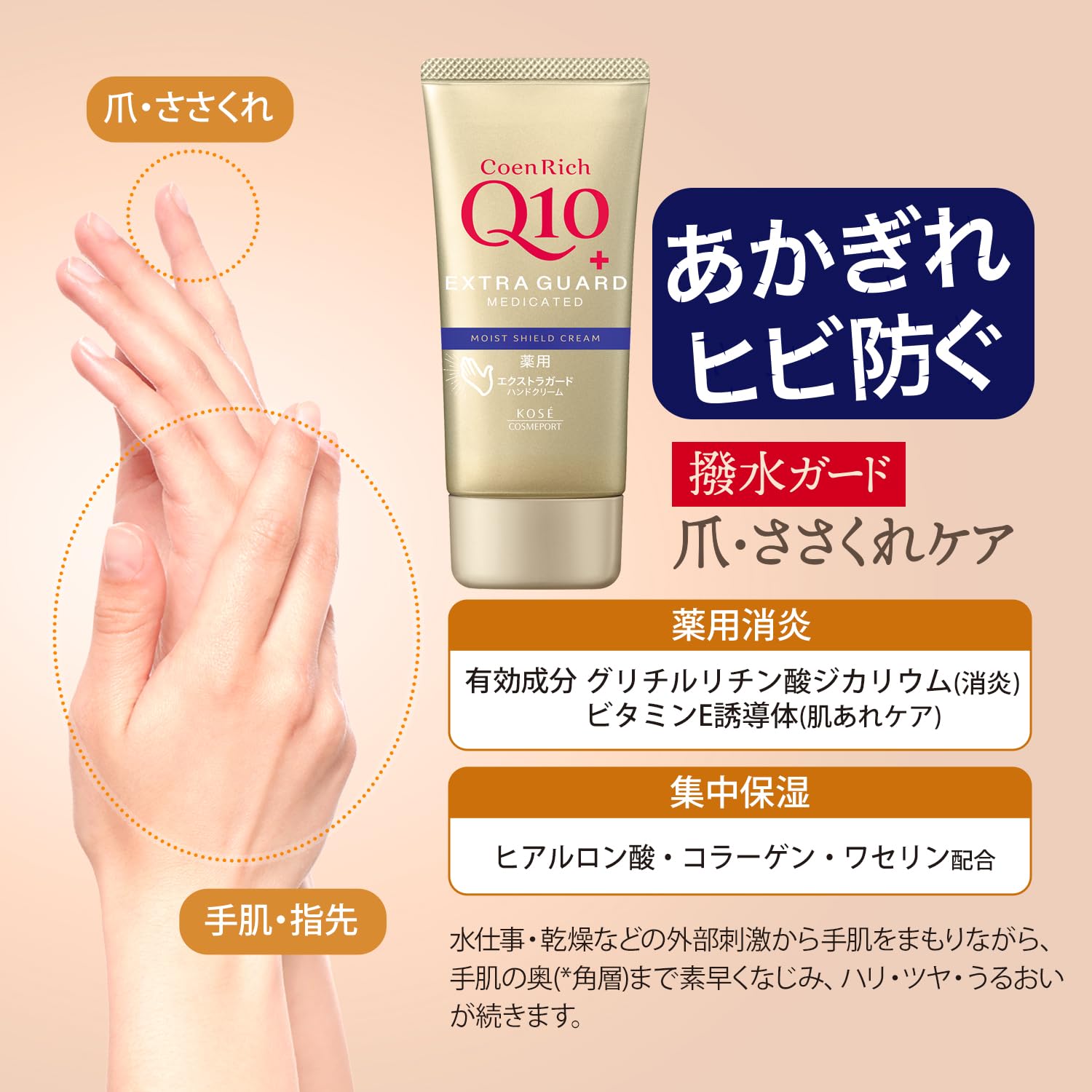 【의약부외품】코엔리치 약용 엑스트라 가드 핸드 크림 발수 가드 금 아카기레 Q10 손거울