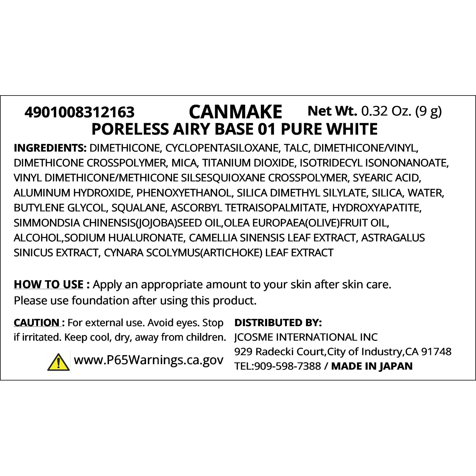 Canmake Poreless Airy Base 01 Pure White Makeup Base Jar 9g (x 1)