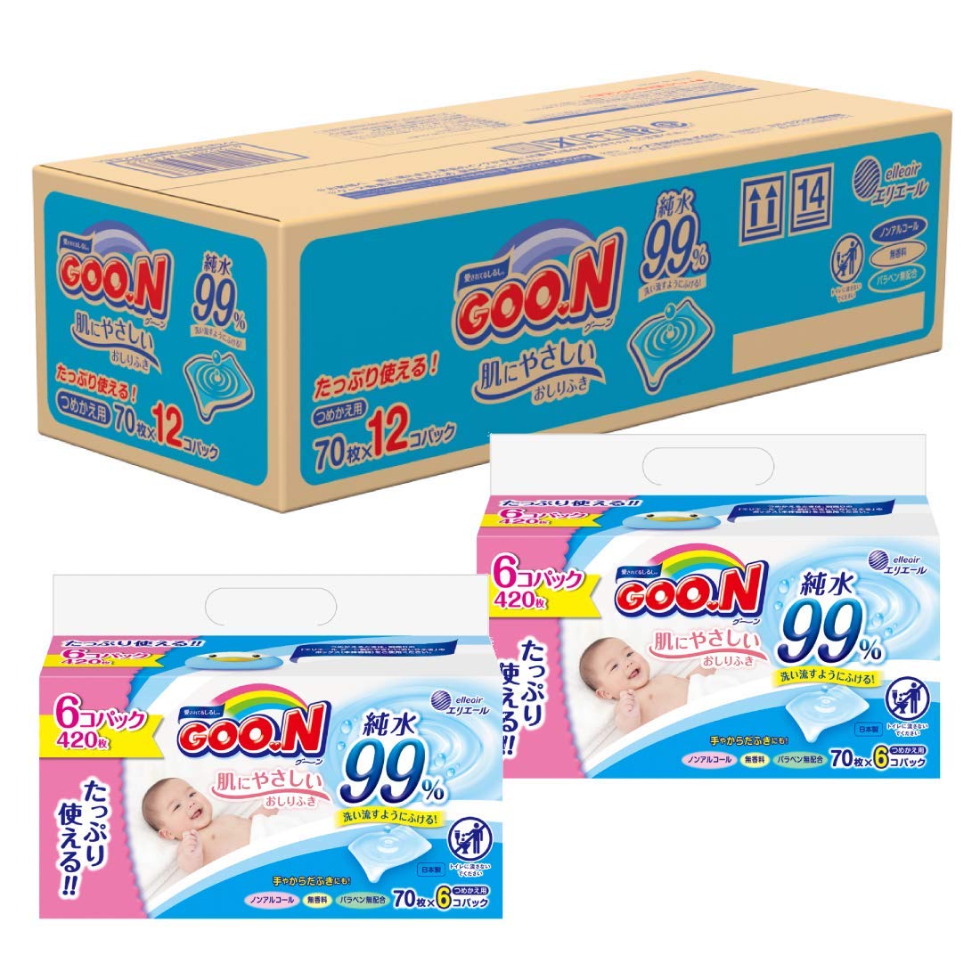 Taprich [Refill baby wipes] Goon skin-friendly baby wipes 840 sheets (70 sheets x 12 pieces) [Sold in case]