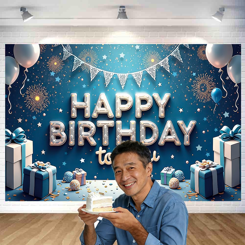3D 블루 & 화이트 생일 태피스트리 입체 블루 & 화이트 장식 태피스트리 세련된 벽걸이 사진 배경 Happy Birthday 파티 포토 포스터 촬영 배경막 180x120cm