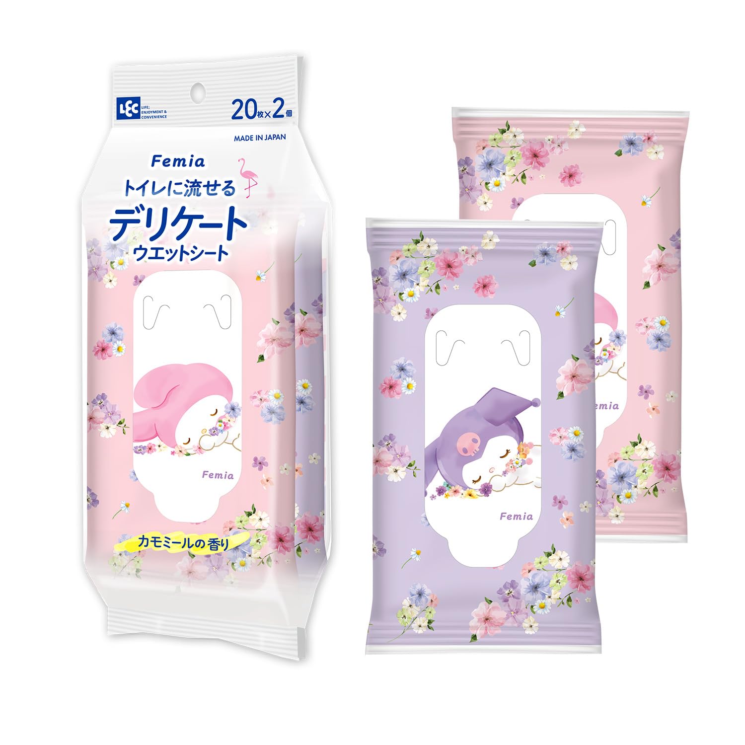 LEC Femia Delicate wet sheets that can be flushed down the toilet 20 sheets x 2 (My Melo & Kuromi) Chamomile scent