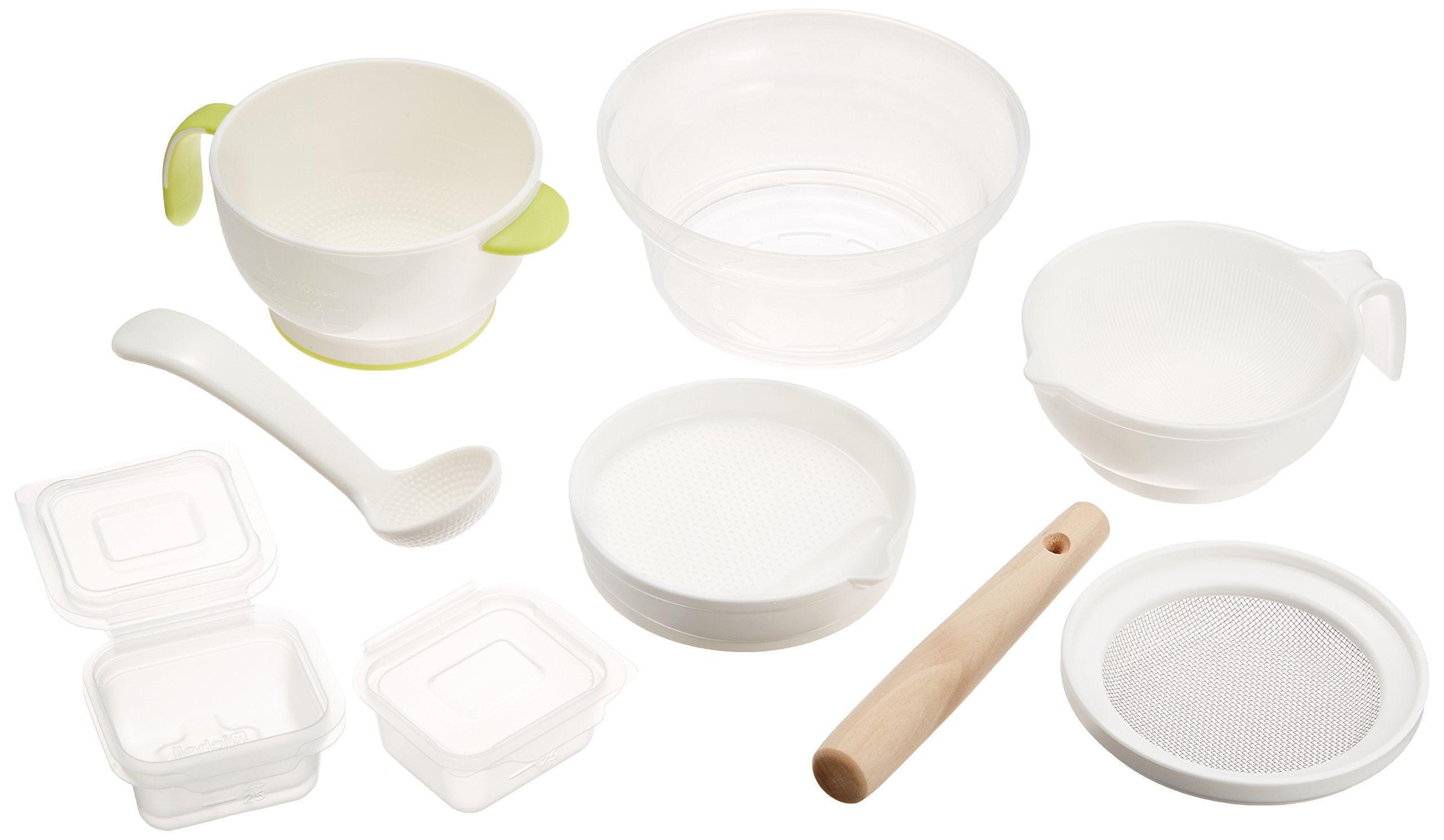 Richell Cooker Set E Cooker and other baby food subdivided freezer containers with recipe book