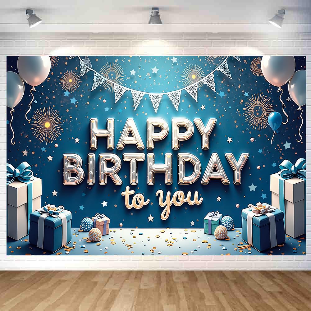 3D 블루 & 화이트 생일 태피스트리 입체 블루 & 화이트 장식 태피스트리 세련된 벽걸이 사진 배경 Happy Birthday 파티 포토 포스터 촬영 배경막 180x120cm