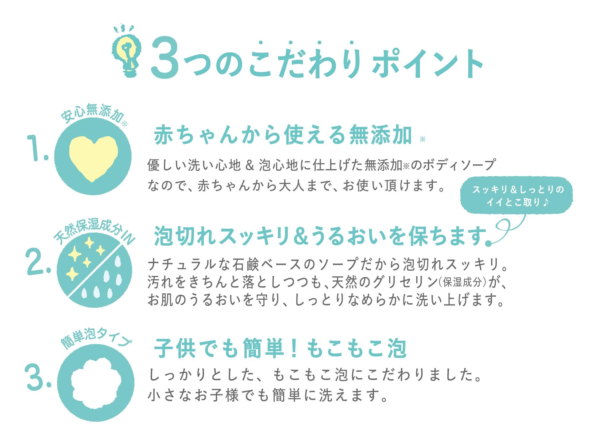 [温和适合婴儿到成人] 一推即可产生浓密泡沫 无需揉搓即可洗净 呵护家人肌肤 滋润无摩擦感 温和呵护裸露肌肤 无添加专业派力肯香皂 无添加泡沫沐浴露 500mL