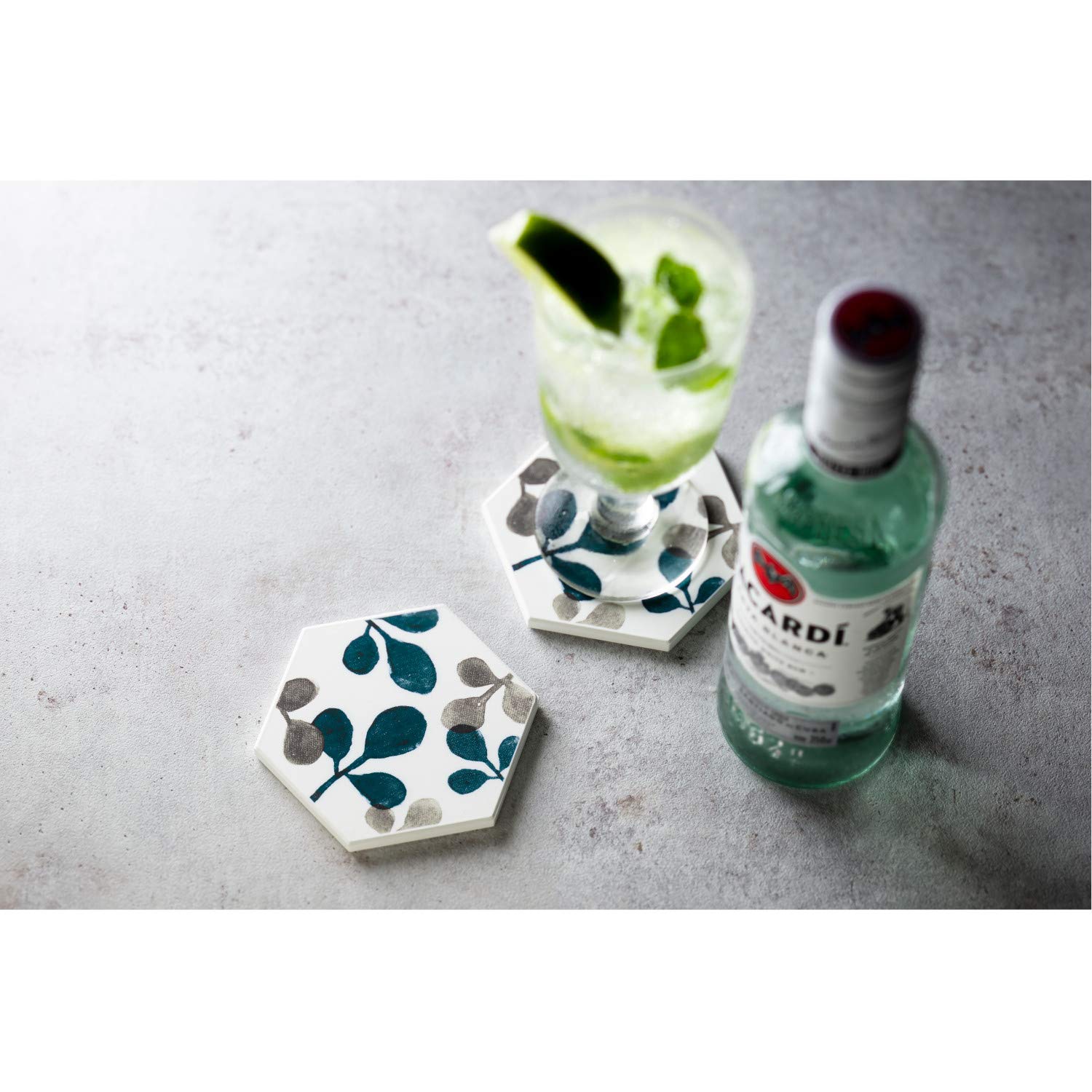 Anesti Diatomaceous Earth Coaster White Height 9.8 x Width 8.5 x Thickness 0.6 cm Karari Hexagon Botanical Floral Pattern Water Absorbing Quick Drying Humidity Control HO2096