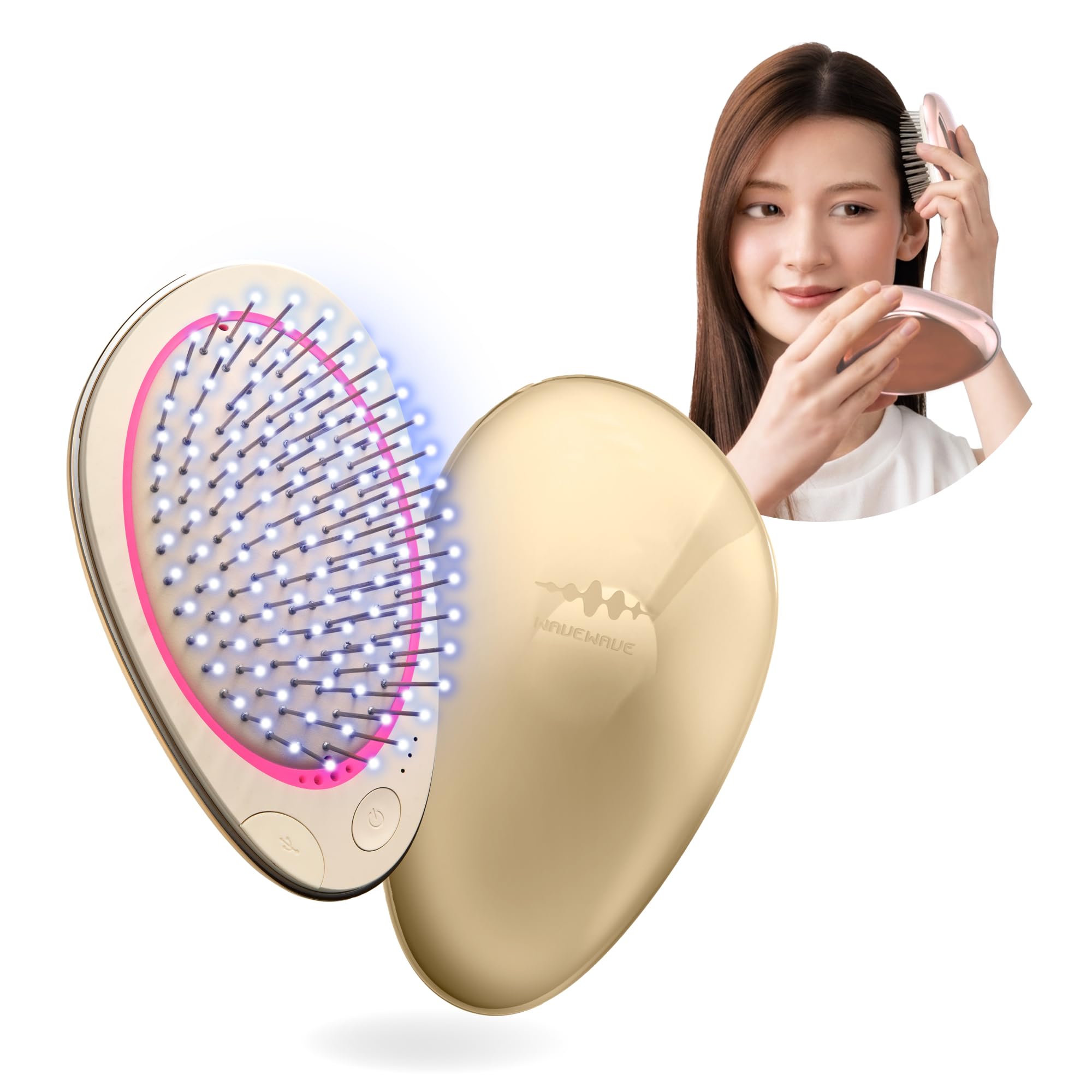 EMS 브러시 미니 새로운 wavewave ems 헤어 브러쉬 휴대용 이온 케어 레드 LED 푹신한 머리 쿠션 브러쉬 빗 여성 아내 그녀 어머니 (골드)