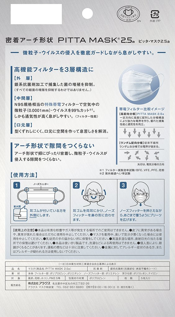 PITTA MASK 2.5a PM2.5/virus prevention non-woven fabric mask, close contact arch shape, regular size, 5 pieces