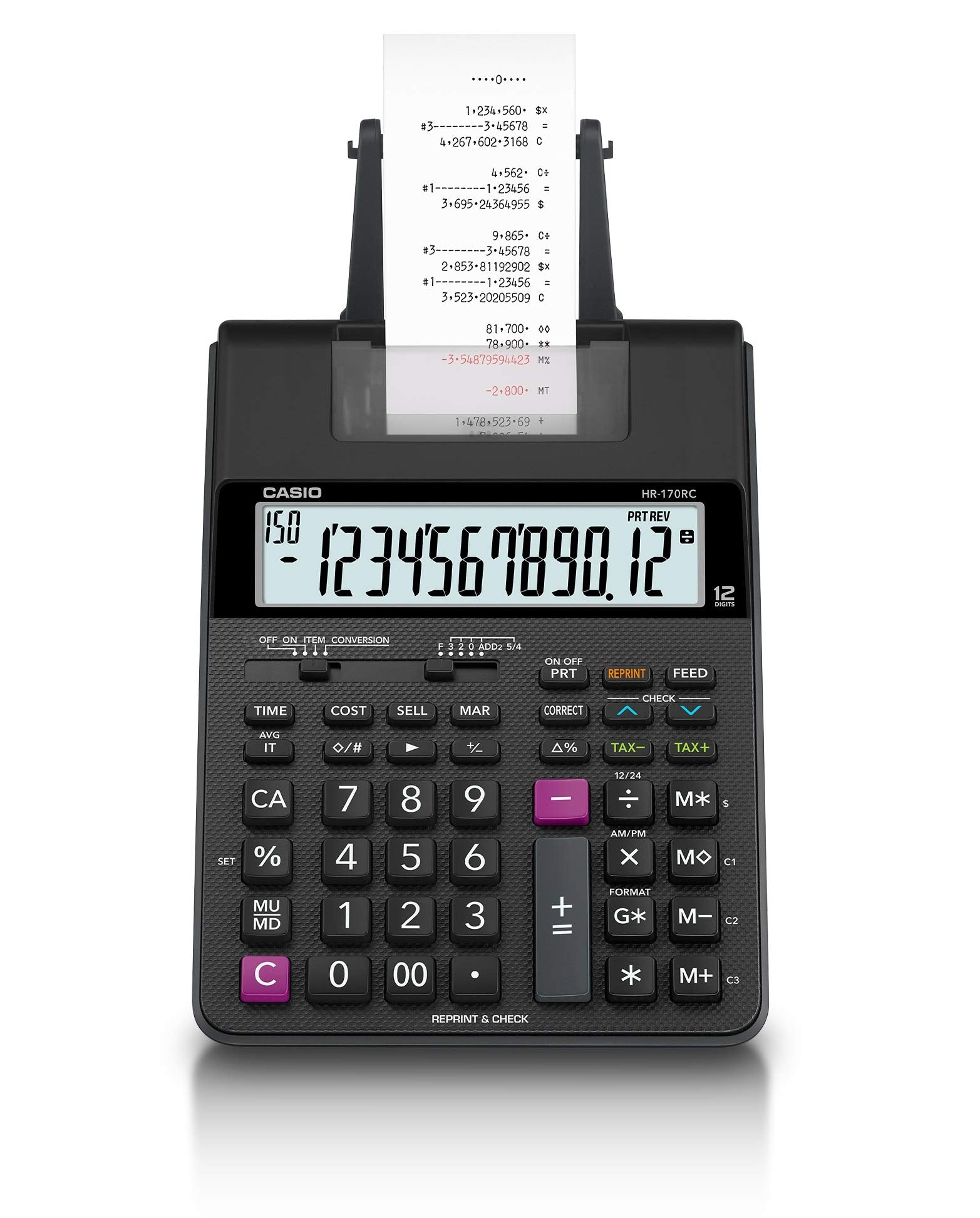 카시오 프린터 계산기 데스크 타입 12 자리 HR-170RC-BK