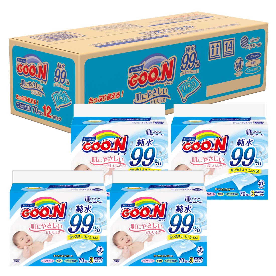 Taprich [Refill baby wipes] Goon skin-friendly baby wipes 840 sheets (70 sheets x 12 pieces) [Sold in case]