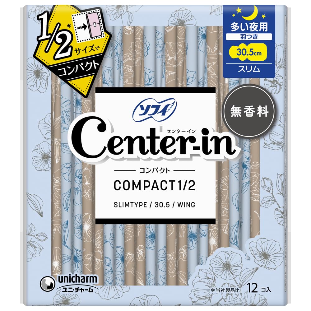 Sofy Center In Compact 1/2 Unscented, For Heavy Nights, With Wings, 12 Sheets [Sanitary Napkins Slim]