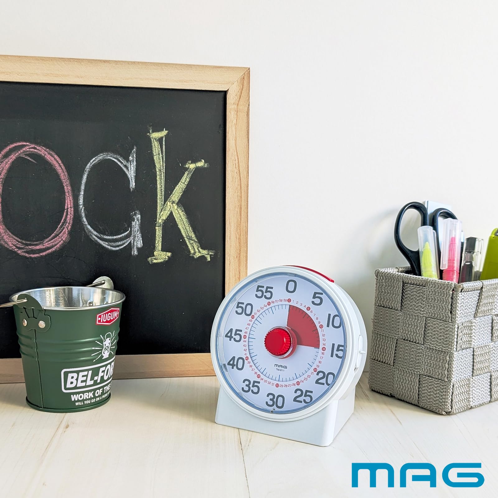 MAG Timer Reading Educational Analog Dial Study Learning Exam Children Remaining Time Concentration Time Management Easy Setting Silent Electronic Sound Mute Silence Switch Light Notification 60 Minutes TM-611A WH-Z Noah Precision